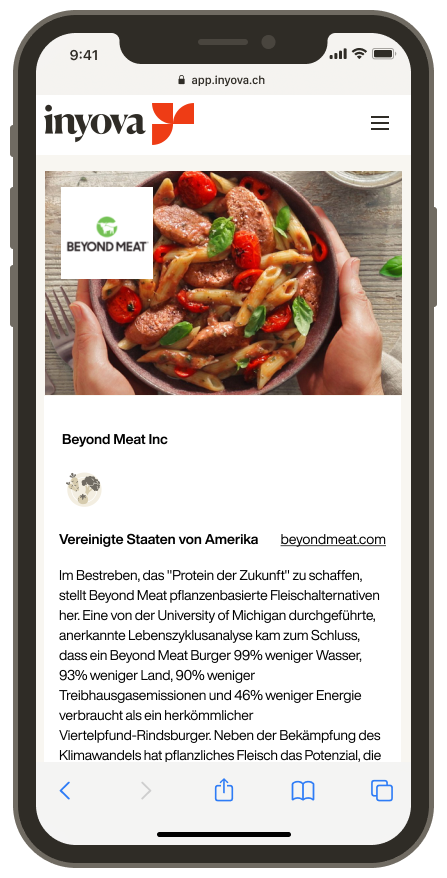 Screenshot, der die Firma Beyond Meat in der Inyova-App zeigt