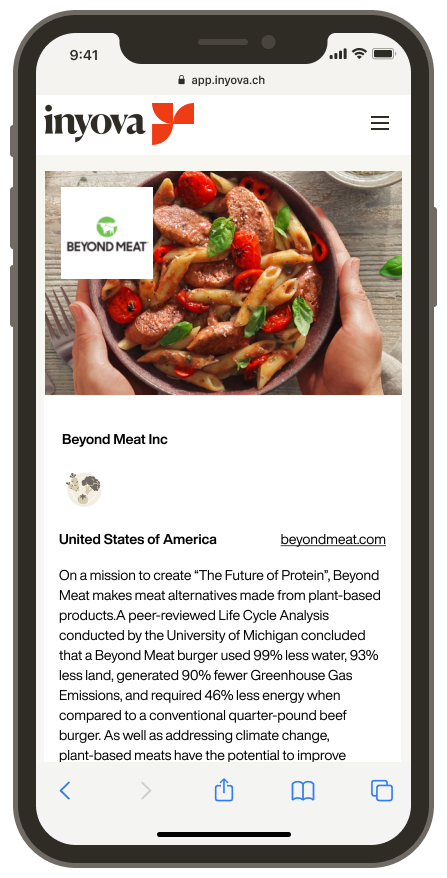 Screenshot showing the company Beyond Meat on the Inyova app