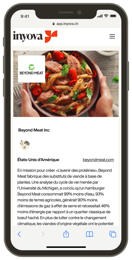 Capture d'écran montrant l'entreprise Beyond Meat sur l'application Inyova