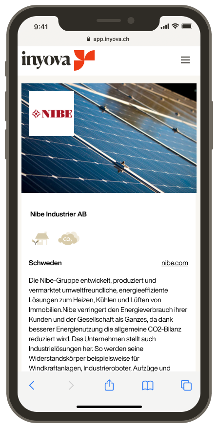 Screenshot, der die Firma Nibe auf der Inyova-App zeigt