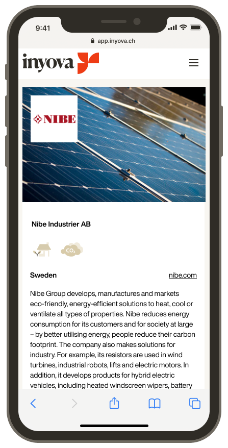 Screenshot showing the company Nibe on the Inyova app