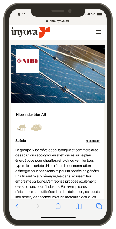 Capture d'écran montrant l'entreprise Nibe sur l'application Inyova