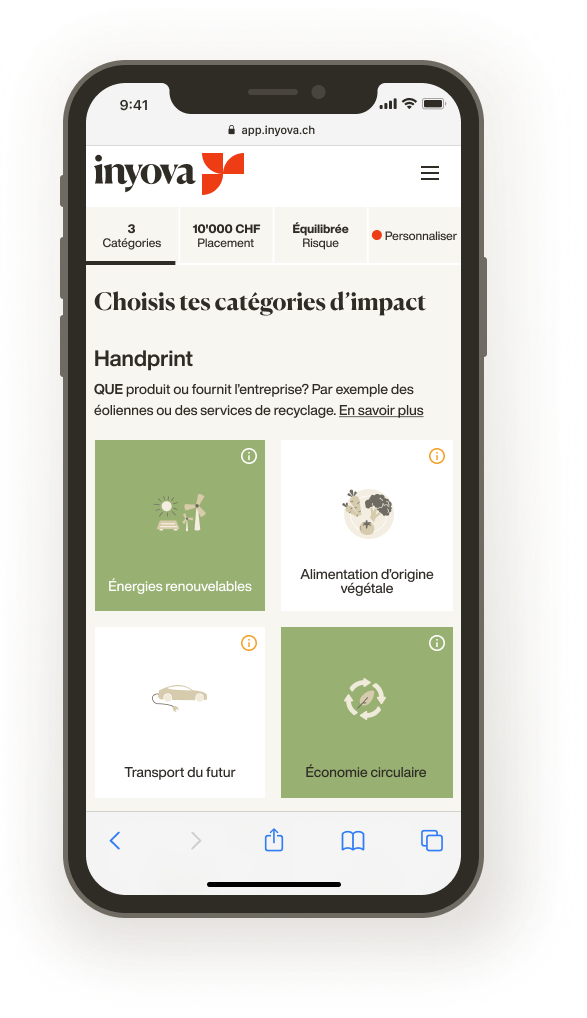 Capture d'écran montrant comment choisir les catégories d'impact pour ta stratégie Inyova