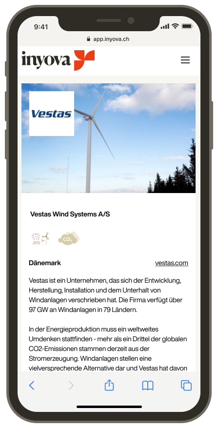 Screenshot, der die Firma Vestas in der Inyova-App zeigt