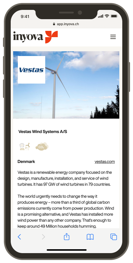 Screenshot showing the company Vestas on the Inyova app