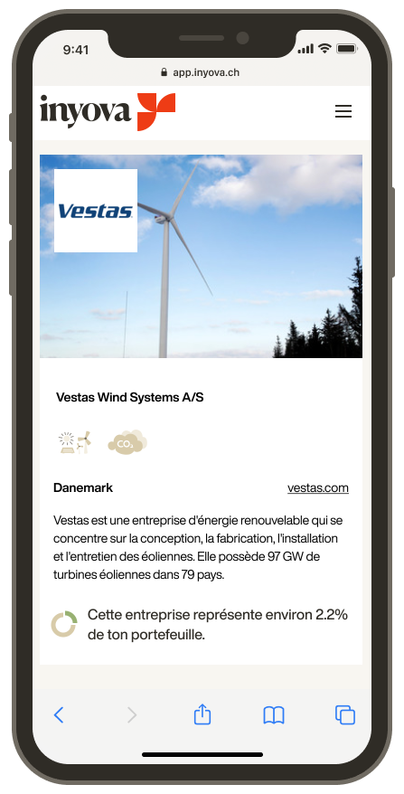 Capture d'écran montrant l'entreprise Vestas sur l'application Inyova